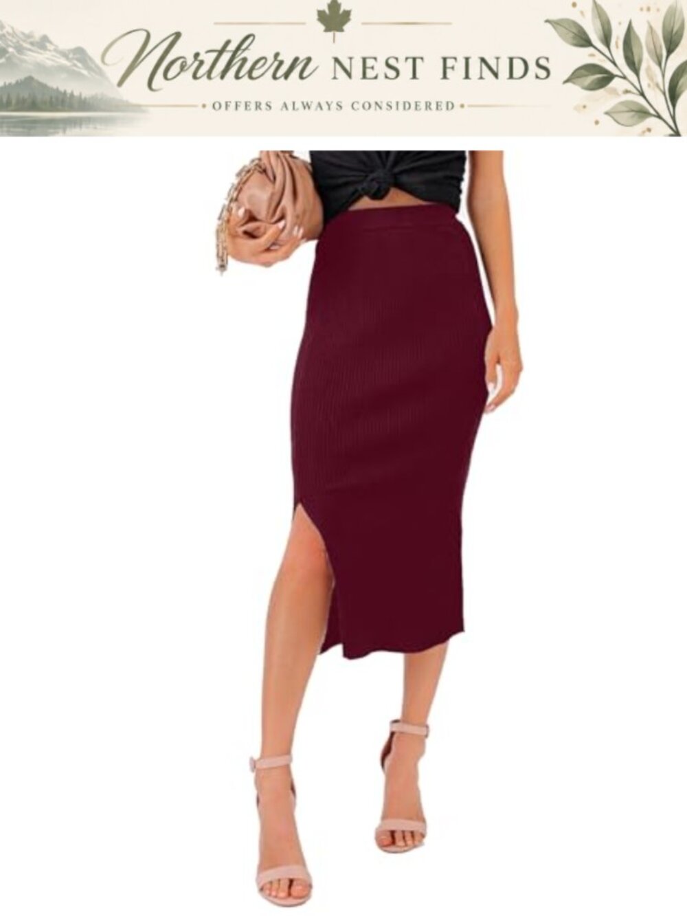 Women's Ribbed Knit Midi Bodycon Pencil Skirt High Waist Split Pull On